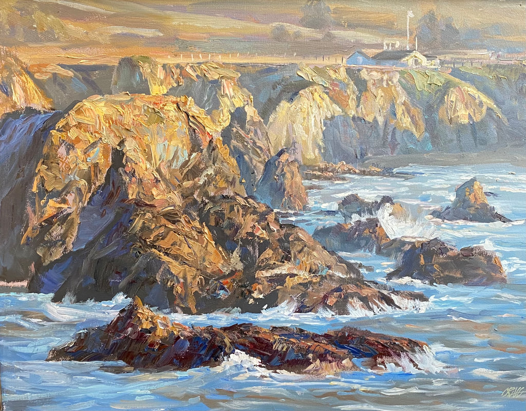 Landscape painting of rocky coast line