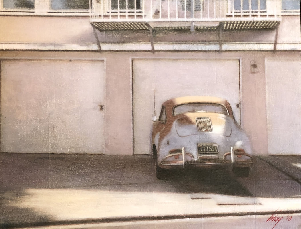 Painting of car parked in front of apartment building