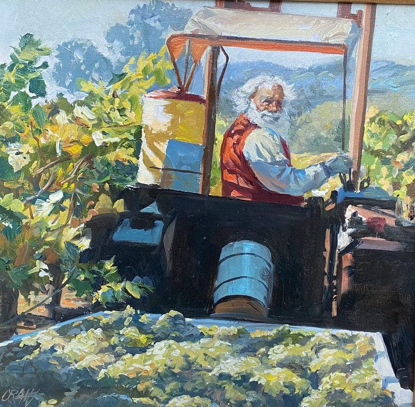 Painting of Santa Claus on tractor in vineyard