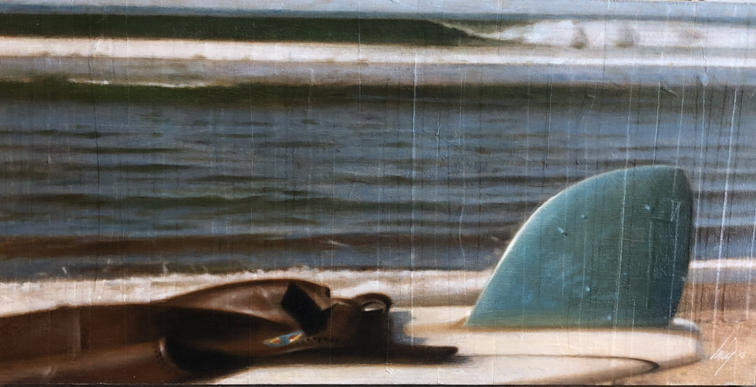 Painting of surfboard and wetsuit in front of ocean