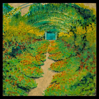 Abstracted painting of garden path with gold leaf